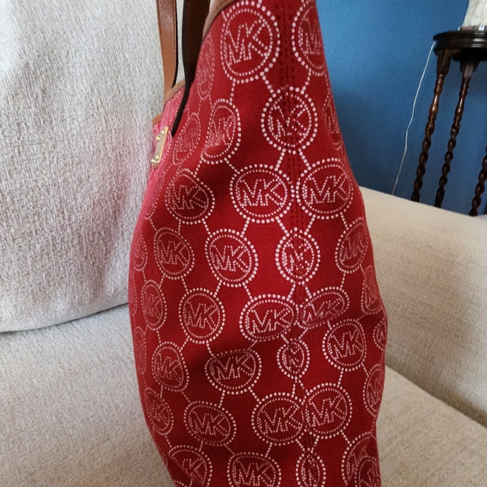 Euc Michael Kors Red & White Fabric Tote Bag Purse - Picture 6 of 12